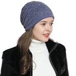 DonDon Bonnet Femme Hiver Slouch Beanie doublé avec étoiles et Strass - Bleu