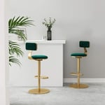 Set of 2 Bar Stools, Swivel Barstool Chairs with Back, Modern Pub Kitchen Counter Height Bar Stools, Dining Chairs, Velvet Seat+ Gold Metal Legs, Adjustable: 25.6-31.5inch Green