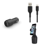 Belkin Premuim Car Bundle(37W Dual Port Fast Car Charger & USB-A to Lightning 1m charging cable & Car Cup Mount)