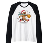 Gingerbread Man Playing Basketball - Christmas Sports Fun Raglan Baseball Tee