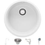 Evier cuisine Granit Rond Blanc 46x46cm, Evier 1 bac + Kit de Vidage + Robinet, Lavabo Cuisineau meuble 50cm - La Valette Slim de Primagran white