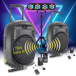 Pack SONO DJ 1600W Ibiza PORT15VHF-MKII-TWS, Portable Autonome 15" USB/Bluetooth/ Couplage SANS FIL - Lumières LED, Soirée