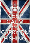 KC22 Vintage Style Union Jack Keep Calm And Carry On Fishing Funny Art Poster Print - A2+ (610 x 432mm) 24" x 17"