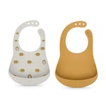 Suavinex, Lot de 2 Bavoirs en Silicone Imperméables pour Bébé. Facile à Nettoyer. Souple et Flexible. Ajustable. Avec Poche. Pour les Bébés +4 Mois. Gris + Jaune