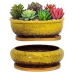 ARTKETTY Pots de Fleurs en céramique avec Plateau de Drainage en Bambou, 1 Pot de Fleurs rectangulaire + 1 Pot de Fleurs Rond pour intérieur (Jaune)