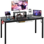 Goplus - Bureau Gaming 140X 60 cm avec Grande Surface de Jeu, Support de Moniteur, Bureau de Jeu avec Porte-Gobelet, Patins Réglables, Crochet pour