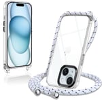 Coque pour iPhone 15 avec Cordon de Collier, Transparente Silicone Housse avec Réglable Lanyard, Anti-Chute Ètuis pour iPhone 15 6.1 Pouces, Bandoulière - Blanc