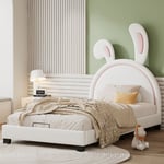 Lit capitonné 90x200 cm, lit enfant, lit fille en forme d'oreille de lapin, (beige, matelas non inclus)