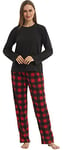 YUSHOW Pyjama Femme en Polaire Ensemble Pijamas Manches Longues Pantalon à Carreaux 2 Pièce Vêtements de Nuit Sleepwear Pjs Set pour Hiver,Noir-noël À Carreaux,S