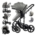 3 en 1 Poussette Combinée Poussette Canne Poussette Citadine Poussette Système de Voyage pour Bébé Landau Poussette Paysage Haute pour Bébé Inclinable Pliable Poussette Standard (588 Grey)