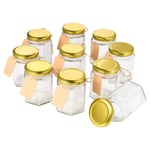 Hemoton Set of 10 Mini Jam Jar, 180ml, 6oz, Hexagon Jam Jars, Glass Honey Jars Spice Jars with Gold Lid and Labels for Home Kitchen DIY Party Wedding Favors