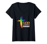 Womens God Loves Everybody Gay Christian Rainbow Cross Artsy V-Neck T-Shirt