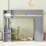 Lit mezzanine enfant 90x200cm - avec équipé d'armoire, en bois de pin, lit superposé, lit enfant avec bureau et tiroirs - gris