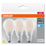 OSRAM Lamps LED BASE Classic A75, ampoules LED à filament dépoli en verre pour culot E27, forme ampoule, blanc froid (4000K), 1055 lumens, remplace les ampoules classiques 75W, boîte de 3