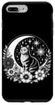 iPhone 7 Plus/8 Plus White Gray Cat Sitting on Crescent Moon with Stars Flowers Case