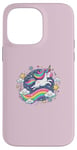 Coque pour iPhone 14 Pro Max Licorne ludique volant à travers le ciel étoilé avec arc-en-ciel