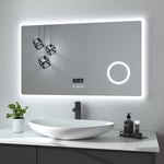 Heilmetz - Miroir Salle de Bain 100 x 60 cm, Miroir Salle de Bain led avec Interrupteur Tactile et Anti-buée et Horloge et Bluetooth et Loupe 3X et 3