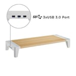 White Birch Monitor Riser 80mm High  - with inbuilt 3 port USB hub Stand