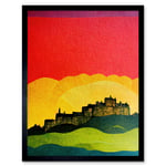 Modern Edinburgh Castle Vibrant Rainbow Colour Sunset Scottish Cityscape Coral Yellow Green Blue Art Print Framed Poster Wall Decor 12x16 inch