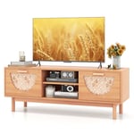 GIANTEX Support TV pour télévision de 55 pouces, meuble TV avec 2 tiroirs et façades en bambou et pieds en bois massif pour salon, chambre