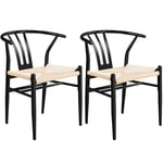 Yaheetech Chaises de Salle à Manger Lot de 2 Siège en Corde Design Ergonomique Chaises de Cuisine Cadre en Métal Chaises Tressées Vintages Dossier Demi-Circulaire Cuisine Salon Chambre Noir et Beige