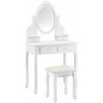 Coiffeuse table de maquillage miroir 4 tiroirs tabouret mdf et bois 141 cm blanc