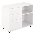 HOMCOM Support d'imprimante Organiseur Bureau Caisson 3 tiroirs + 2 niches + Grand Plateau Panneaux Particules Blanc