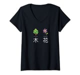 Womens Japanese Kanji Characters for Tree & Flower with Artwork V-Neck T-Shirt