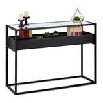 Relaxdays Table Console, Surface Verre, 4 Compartiments, 80,5x110x40 cm, Meuble d’appoint métal, Couloir & Salon, Noir