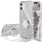 Coque iPhone 12 Mini,Glitter Coque + Lanière Paillette Brillant Strass iPhone 12 Mini Cover,Housse avec Bague Béquille,Argent