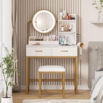 Vanity Dressing Table LED Light Mirror Stool Shelves Drawers Modern White Gold