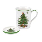 Spode Mugs Unique Official Licensed Christmas Tree Mistletoe Fine Porcelain China Mug Cup And Coaster Set (Green,2 Piece Set)