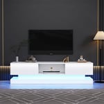 Meuble tv blanc brillant 160 x 35 x 40,5 cm avec éclairage led, 2 tiroirs, contrôle par application, conception anti-inclinaison, pour téléviseurs 60