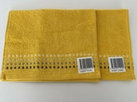 2 x 100% Cotton Guest Towels in Ochre Yellow with Grey Stitch Design 30cm x 50cm