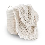 Adyrescia Plaid en Tricot épais | 100% tricoté à la Main avec Fil Chenille Jumbo (127 x 152,4 cm, Blanc crème)