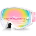 Findway Masque de Ski, Lunette de Ski pour Homme Femme Adulte, Masqué Ski OTG pour Ski et Snowboard Anti-buée, Anti-UV Rose Photochromique Lentille Sphérique