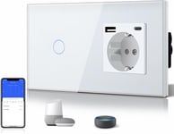 Pr Schuko Normale Avec Interrupteur Tactile Smart Alexa Wifi En Verre 3 En 1 Usb + Capteur Tactile Wifi De Type C - Interrupteur Mural Avec Google Home 1 Compartiment 1 Voie - Blanc