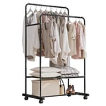 Clothes Rails Garment Rack with Wheels Double Clothes Rail Coat Clothing Rails with Double Shelf (Black)