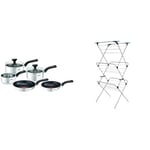Tefal Comfort Max, Pan Set, 14cm Milkpan, 16cm and 18cm Saucepans with Lids, 20cm and 24cm Frying Pans, Induction Compatible, Stainless Steel, G972S544 & Minky 3 Tier Plus Clothes Airer