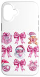 iPhone 16 Plus Preppy Pink Christmas Santa Gingerbread & Disco Ball Bow Case