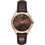 Michael Kors Ladies Slim Runway 38mm Rose Plated Brown Strap Watch - MK7489