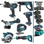 Makita - Pack Power pro 7 outils 18V: DHP458 + DHR202 + DGA504 + DTD152 + DJV180 + DSS610 + DJR186 + 3 batt 5Ah + sac