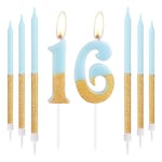 Blue Gold Birthday Candles, Gold Number 16 Candles with Long Candles, Blue Happy 16th Birthday Candles for Cake, Girls 16th Birthday Cake Decorations, Birthday Cake Toppers Girl, Wedding Anniversary