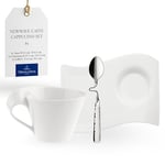 Villeroy & Boch New Wave Cappuccino Set, 3 Pieces, Coffee Cup, Premium Porcelain Saucer, Stainless Steel Spoon for 1 Person, Dishwasher Safe