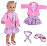 Momola_ For Our Generation 18 inch American Girl Doll Clothing Set 5Pcs Student Pleated Skirt Coat Shirt Tie School Uniform Shoes, Dolls Outfits, Girls Pretend Play Toy Gifts (Pink)