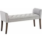 Banc banquette capitonné en tissu gris clair avec pieds en bois marron foncé largeur 133cm BAN10092