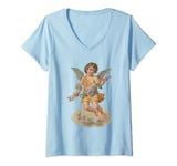 Womens .Young Vintage Cherub Baby Angel on a cloud with flowers V-Neck T-Shirt