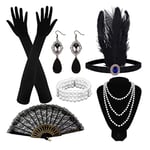 1920-talets kvinnliga flapper Gatsby kostymtillbehör set vintage stil 20-talets flapper pannband pärlhalsband armband örhängen handskar (F)