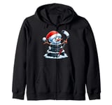 Cartoon Ice Hockey Puck Snowman with Santa Hat Christmas Zip Hoodie