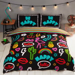 BE HAPPY NEON DOUBLE DUVET COVER AND PILLOWCASE SET TEENAGER BEDDING RAPPORT NEW